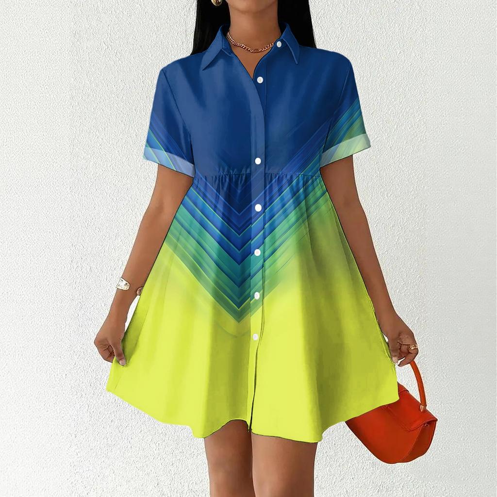 Women Loose Fit Casual Shirt Dress with Button Front and Stand Collar Short Sleeve Striped Design for Everyday Wear