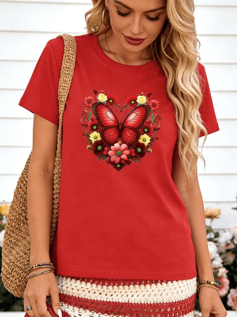 Women's Sparkling Rhinestone Butterfly T-Shirt Blue Green Glitter Print Tee Casual Crew Neck Short Sleeve Top Plus Size T Shirts