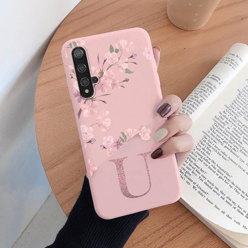Initial Letter Silicone Case For Huawei Nova 5T Shell Retro Pink Flower Soft TPU Back Cover For Huawei Nova5T Capa Cute Coque
