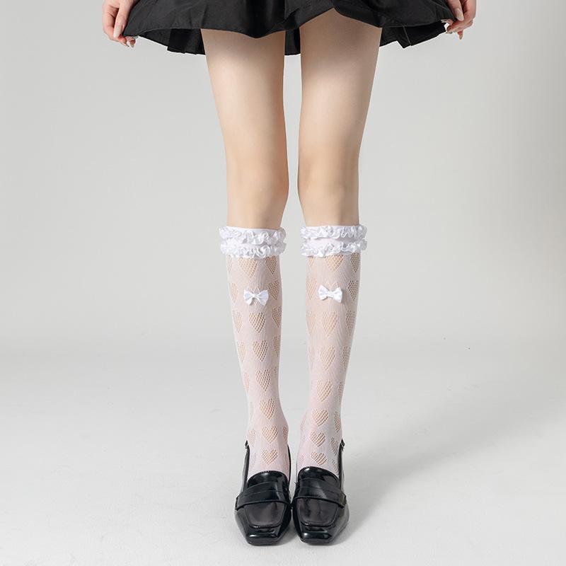 Spitzensocken für Damen Frühling und Sommer, Frotteesocken, Schleife Lolita Ballett-Stil Spitzen-Wadenlange Socken