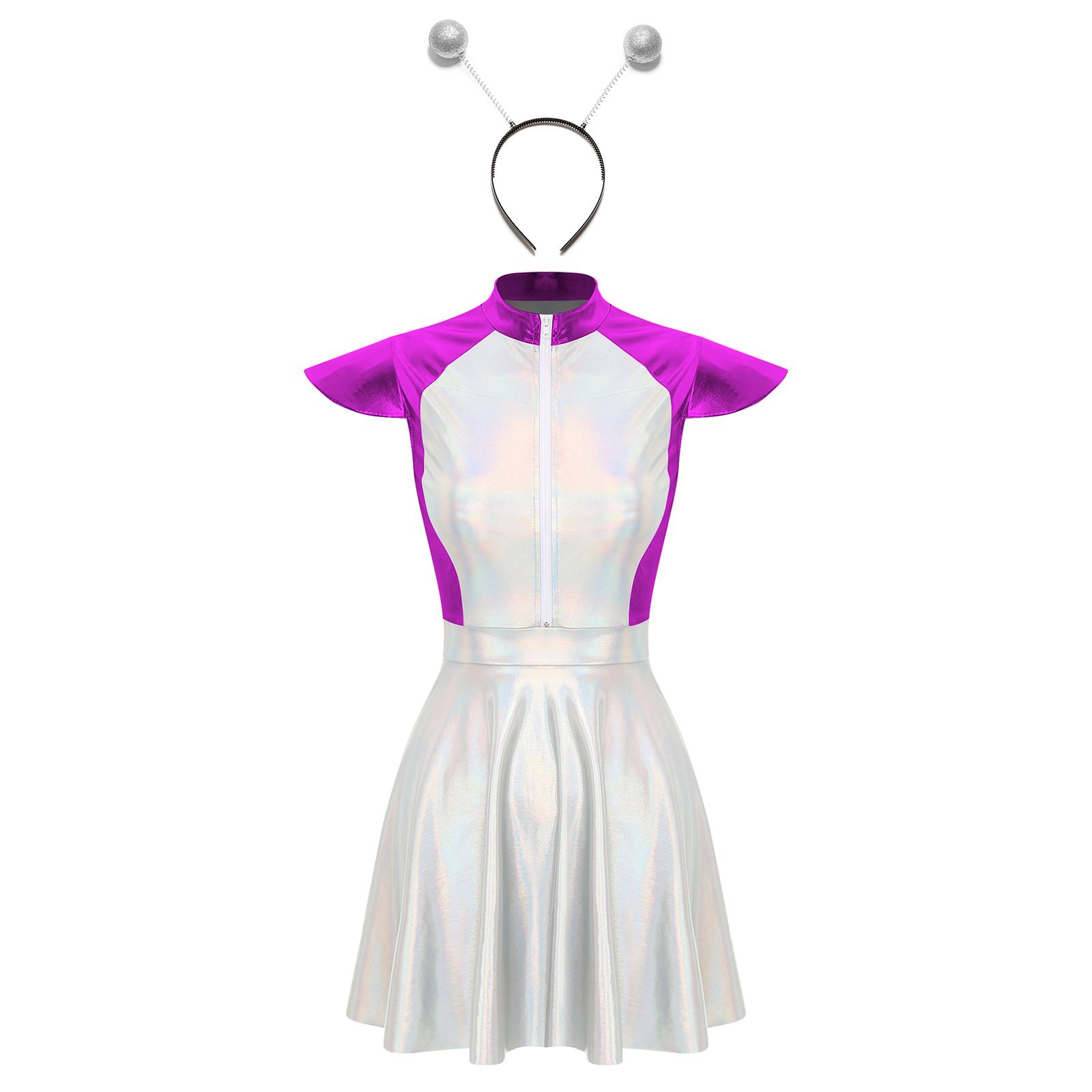 

Womens Space Alien Costume Cap Sleeve Cutie Design Outer Space Theme Dress and Hair Hoop S фіолетовий