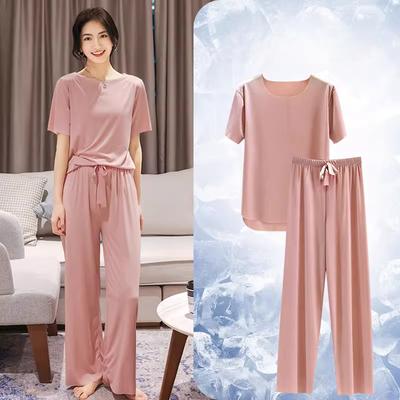 2025 Spring and Summer Ice Silk Pajamas Two-piece Short-sleeved Long Pants Colorful Large Size Breathable Leisure Home Wear Suit