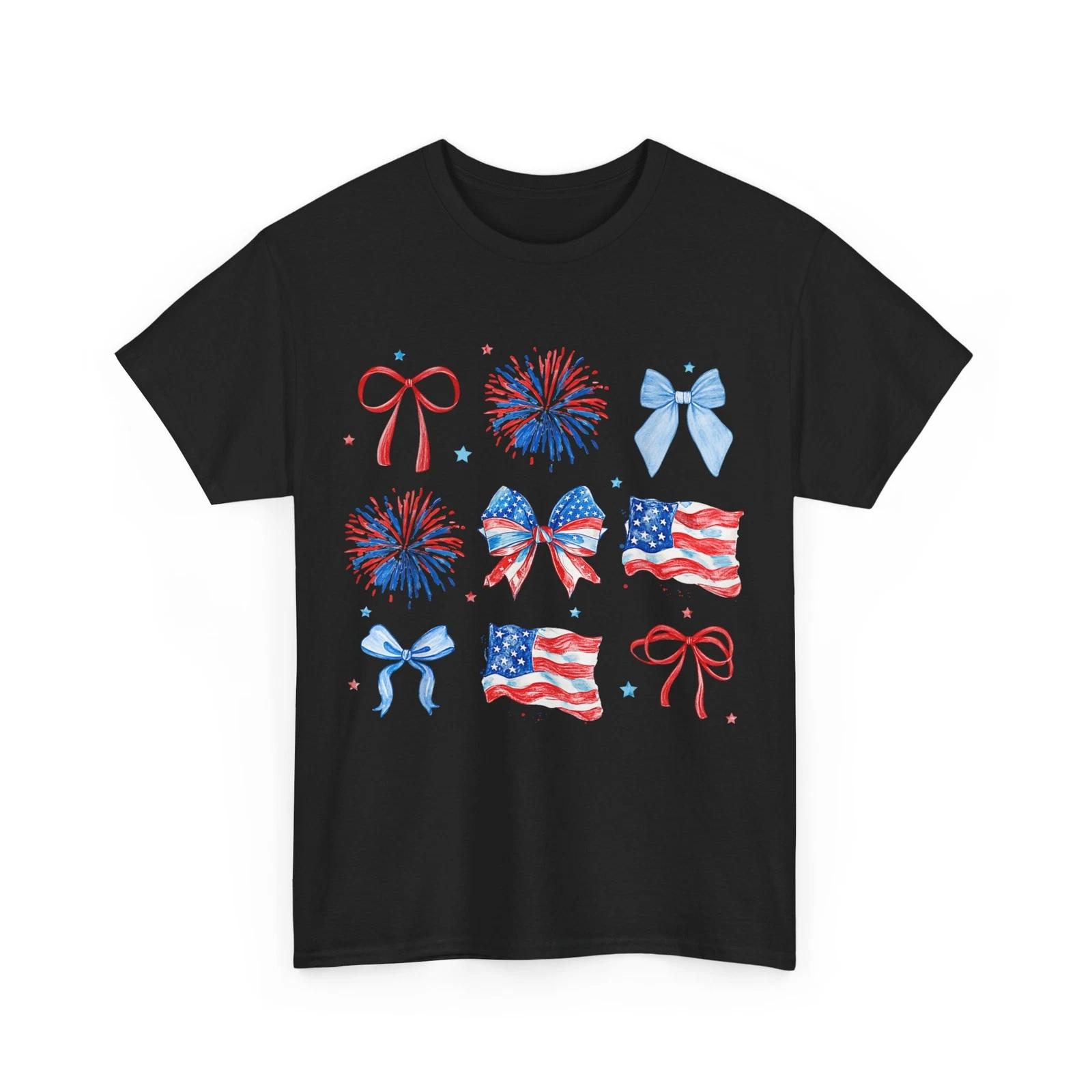 4th of July Shirt, USA Flag Fireworks Patriotic Coquette Girls Women Shirt 4XL