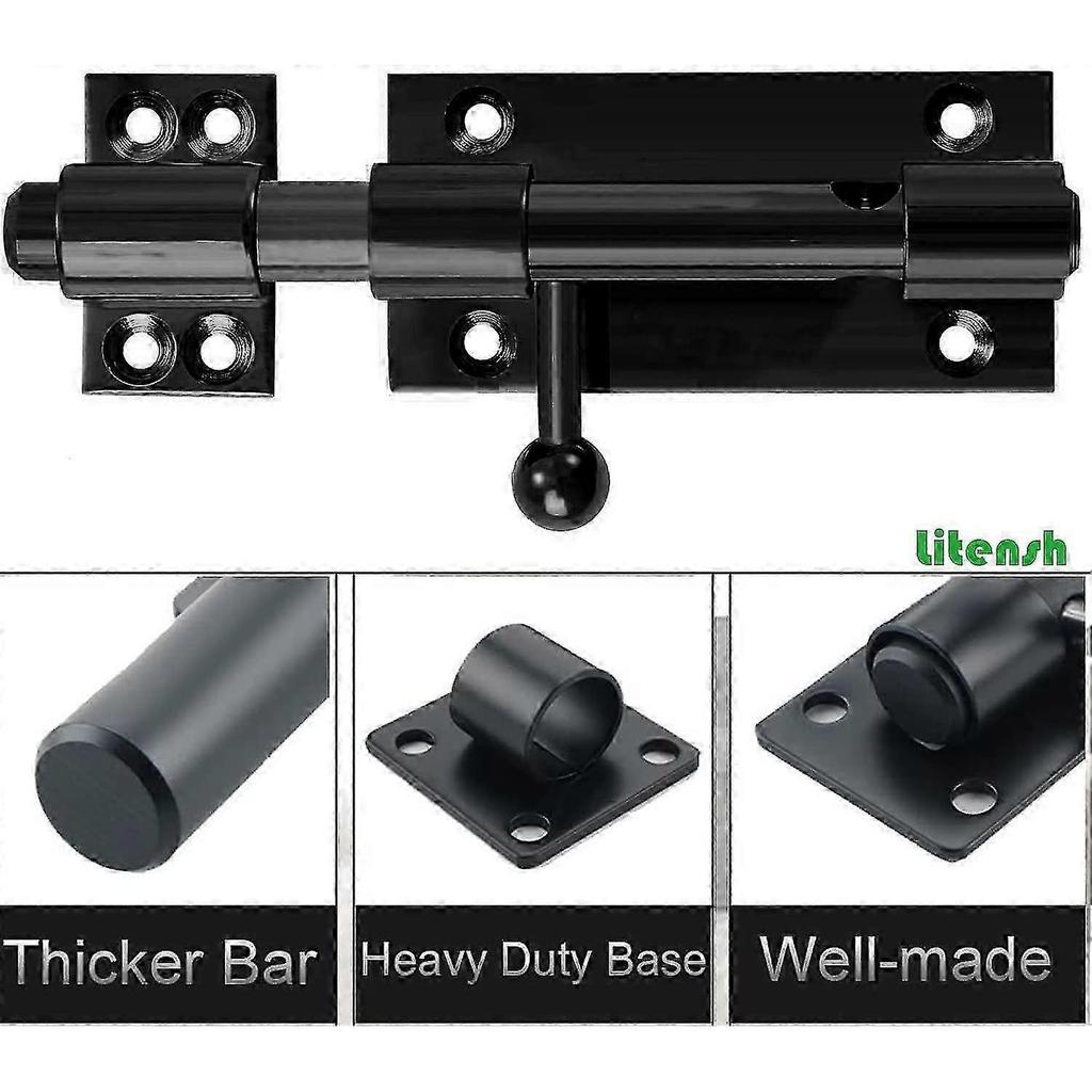 Heavy Duty Slide Gate Latch Bolt Safety Door Lock With Padlock Hole, 304 Stainless Steel Matte Black, 6 Inch 160mm Length, 14mm Dia. (8 Inch (200mm)