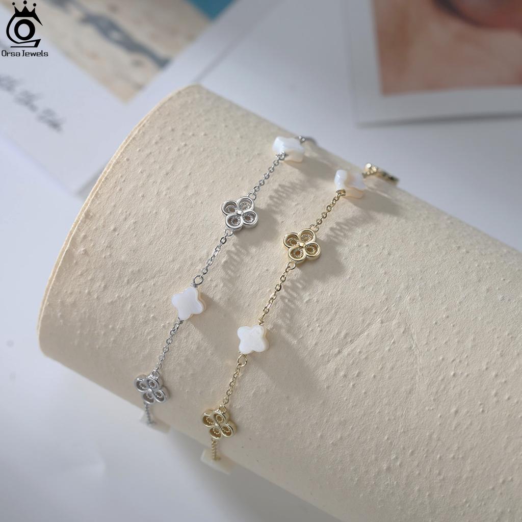 ORSA JEWELS 925 Sterling Silver White Shell Anklet Four Leaf Clover Design Nature Style Lucky Symbol Summer Accessory Gift GMA03