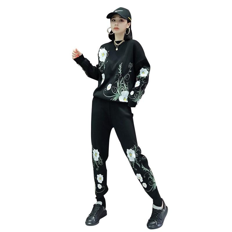Womens Embroidered Floral Knit Top Slim Pants Set Casual Two-Piece Outfit