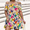 Women Plus Size Cold Shoulder Chain Strap Short Sleeve Printed Loose Casual Dress