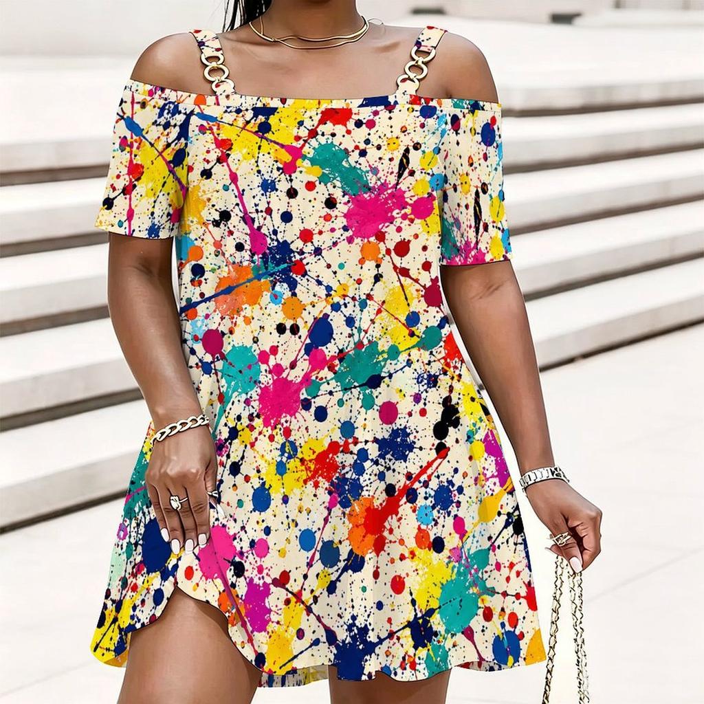Women Plus Size Cold Shoulder Chain Strap Short Sleeve Printed Loose Casual Dress