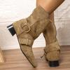 Fashion Buckle Belt Decor Thick Heels Ankle Boots Women Autumn Winter Pointed Toe Riding Boots Woman Slip On Faux Suede Booties