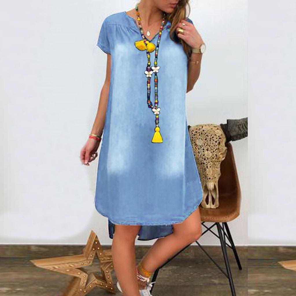 Ladies' Casual and Solid Color V-neck Short Sleeved Denim Dress