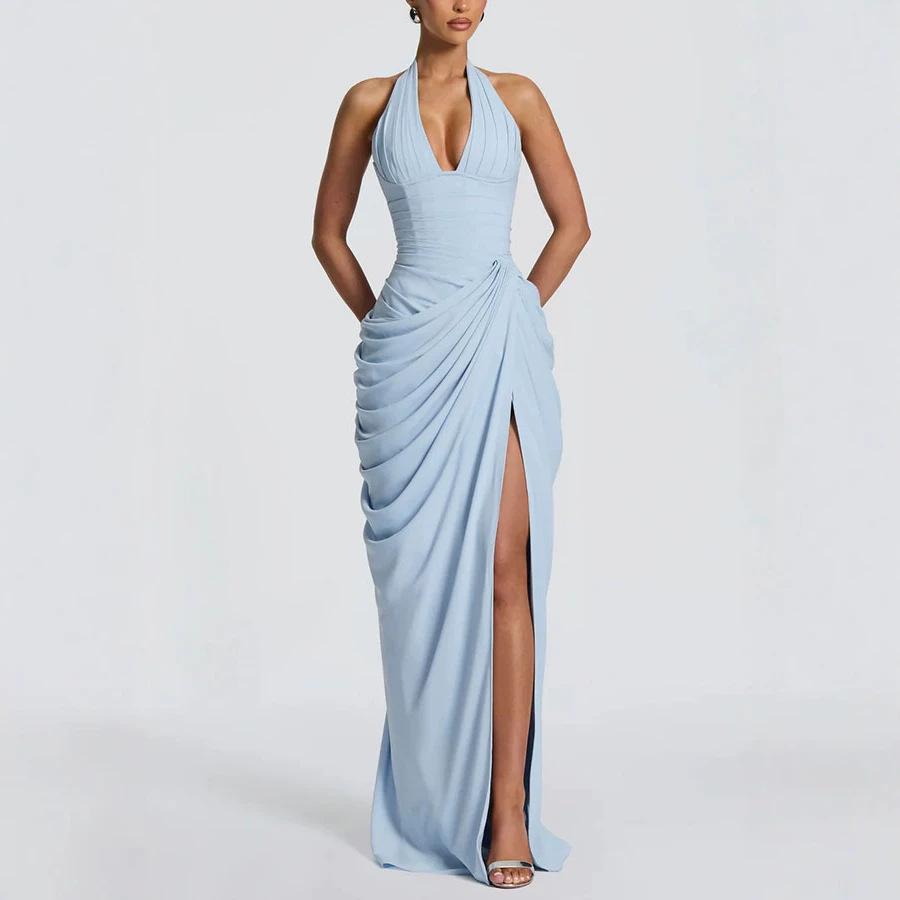 European, American spring and summer new neck split dress INS casual vacation long lace-up dress