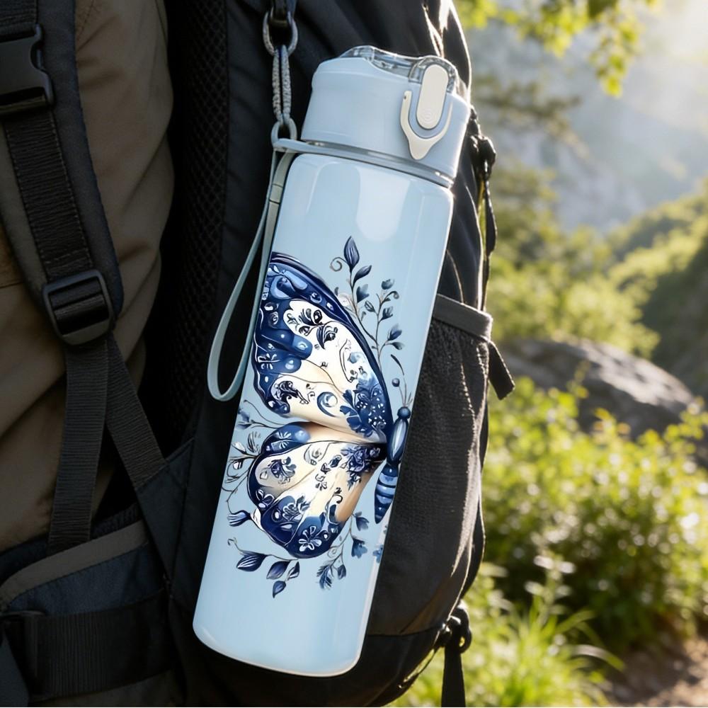 1PC Bright Blue Butterfly Pattern 750ml Color Plastic Sports Water Bottle Leakproof Flip Straw Lid Suitable for Sports Office Home Use