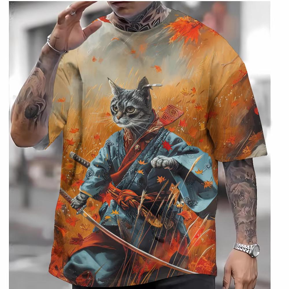 Style T-Shirt for Men Autumn Warrior Cat Graphic T Shirts 3D Printed Short Sleeve T-Shirts Men's Clothing Shirt