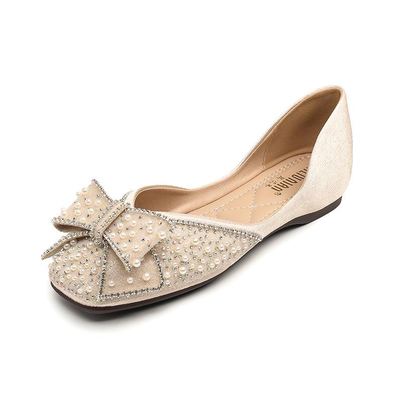 Square head flat sole shoes women's spring and autumn rhinestone bow soft sole beanie shoes large size women's shoes wedding shoes bridesmaid bride