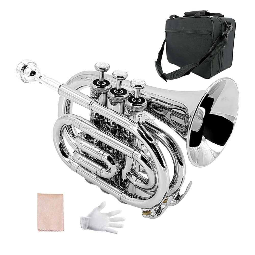 

Yinfente B Flat Pocket Trumpet for Includes Student Cleaning 7C Hard and White Glove Beginners, Cloth, Silver-Plated Mouthpiece, Case, (Silver)