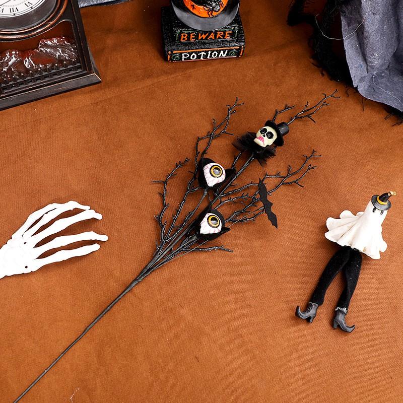 Halloween Decorations Set - Plastic Eyeball Skull Maple Leaf Rose Stem Bouquet Accessories Home Party Table Centerpiece