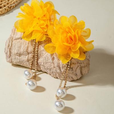 Large Fabric Flower Earrings Boho Faux Pearl Dangle Drop Earrings Long Rhinestone Tassel Earrings for Holiday Vacation Parties Beach