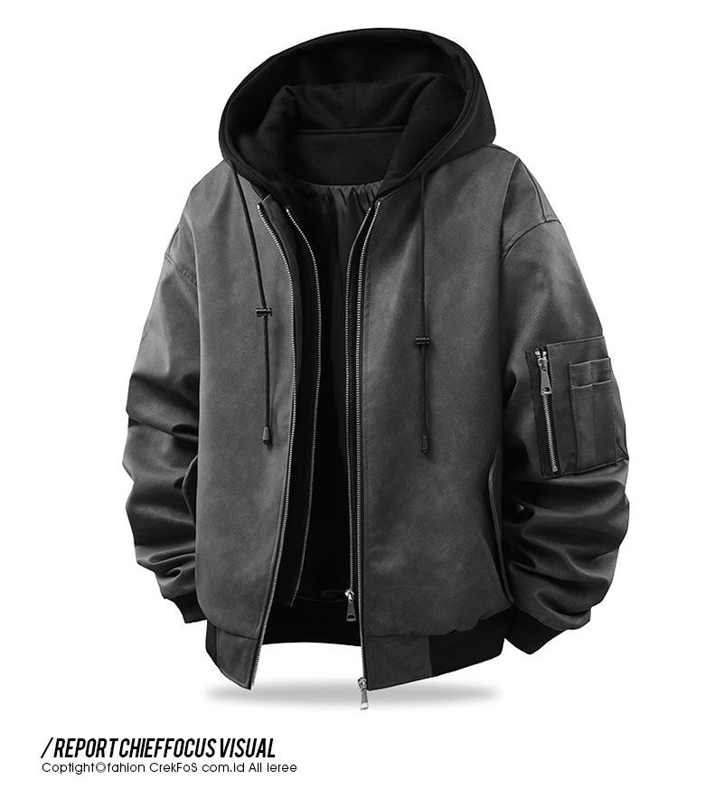 Men's Retro Faux Leather Two-Piece Bomber Jacket - Autumn/Winter Trendy Loose Fit Outerwear