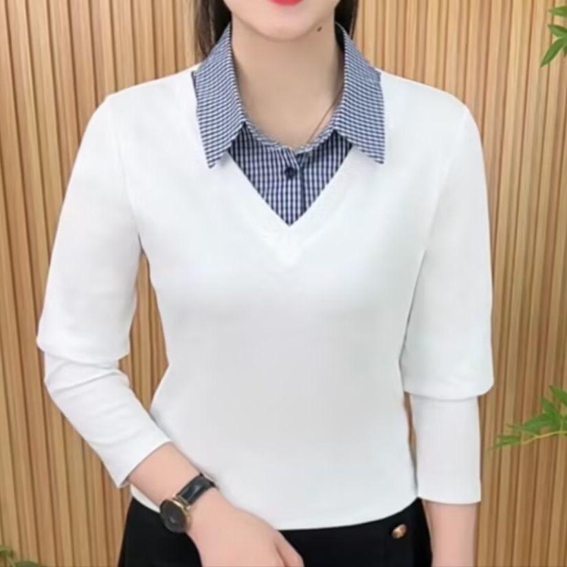 

Мода Весна/Осень 2025 Облегающий топ с лацканами в стиле колор-блок: Универсальный, с длинным рукавом и неподвластный времени L (100-110 lbs) белый