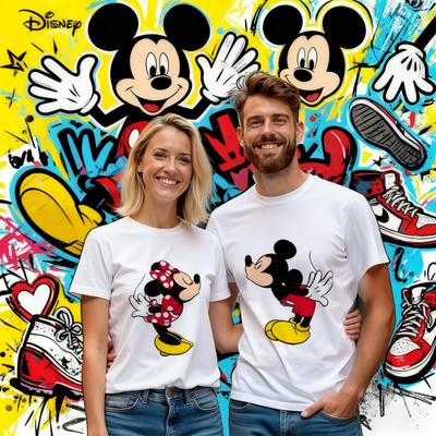 2025Summer New Disney Mickey and Minnie Printed Couple T-shirt Round Neck Loose Valentine's Day 100% Pure Cotton Printed T-shirt