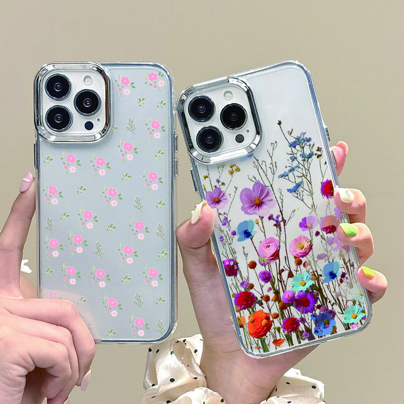 Luxury Garden Flower Case For iPhone 15 Pro Max Coque iPhone 11 12 13 14 16 Pro Max Plating Lens Clear Soft Silicone Back Cover