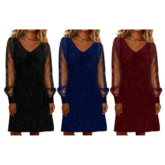 Women's Sparkly Mesh Long Sleeve Mini Dress Glitter V Neck Banquet Cocktail Party Dress Going Out Club Night Outfits