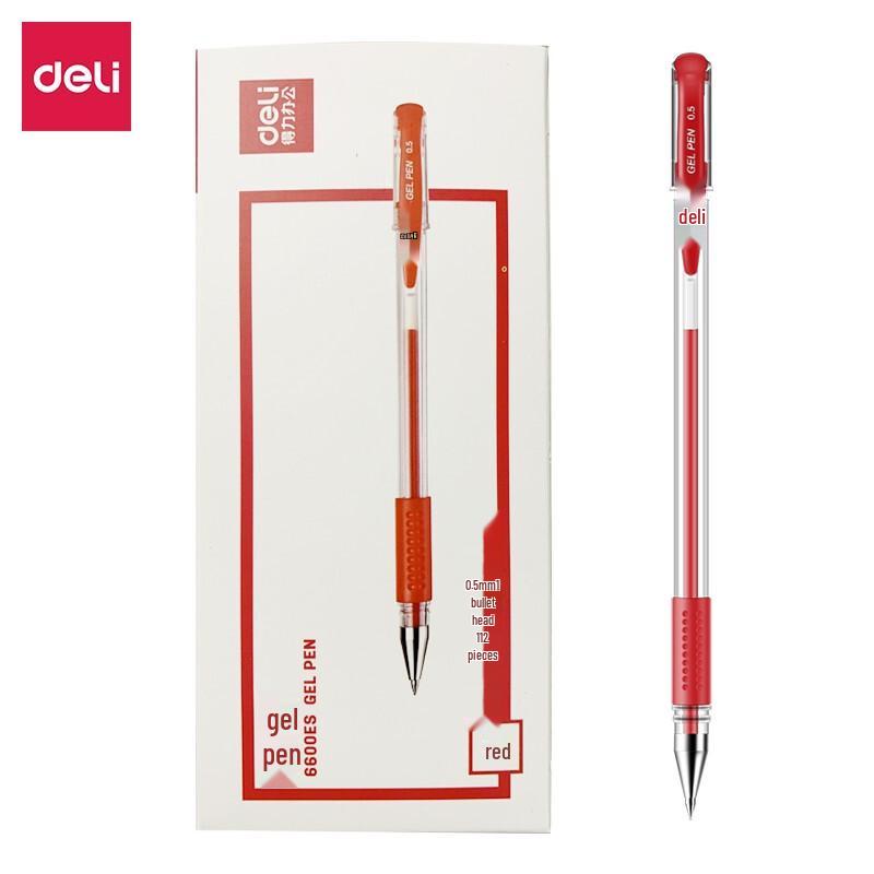 Deli 6600ES 0.5mm Red Bullet Tip Gel Pen, 12-Pack