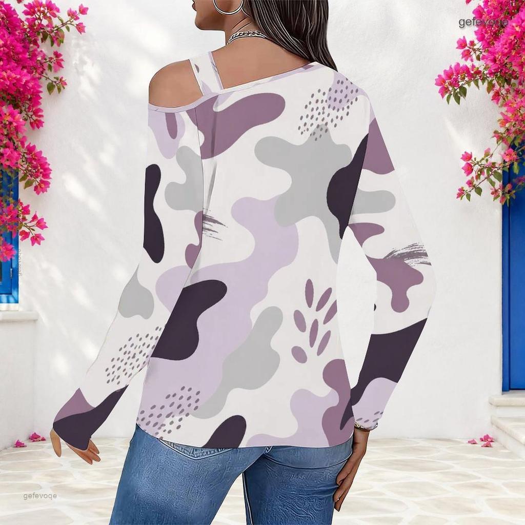 Women Plus Size Asymmetric Cutout Neck Cold Shoulder Long Sleeve Green Black White Printed Top