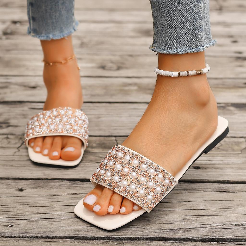 Foreign Trade Flat-bottomed Slippers Women's 2025 Summer New Pearl Rhinestone Outer Wear Square Head Fashion Casual Women's Sandals