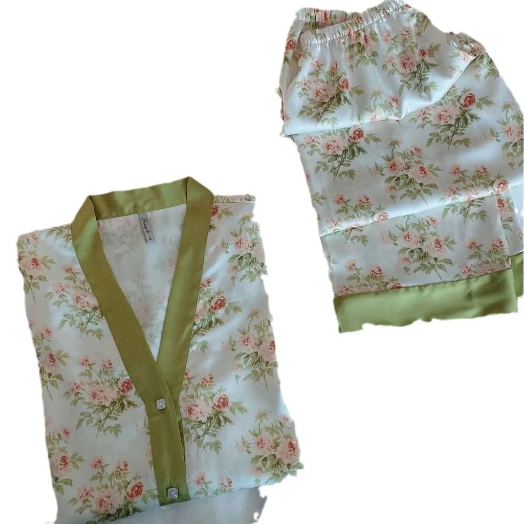 Spring New Pajamas Women's Ice Silk Flower Print Long Sleeved Loose Size Sleepwear