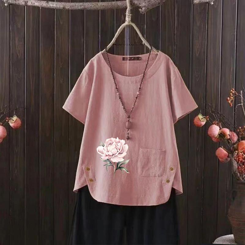 

Женский летний хит продаж, стильная повседневная футболка с бесплатным графическим принтом, винтажная льняная рубашка с круглым вырезом, рубашка с короткими рукавами, топ s-4xl 4XL розовый