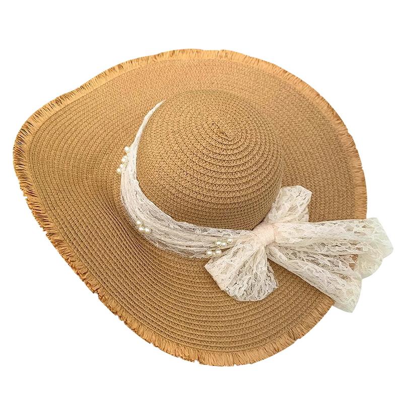 

GEMVIE Elegant Summer Beach Hat for Women Ladies Lace Bowknot Large Brim Sun Paper Straw Hats 56-58cm хаки