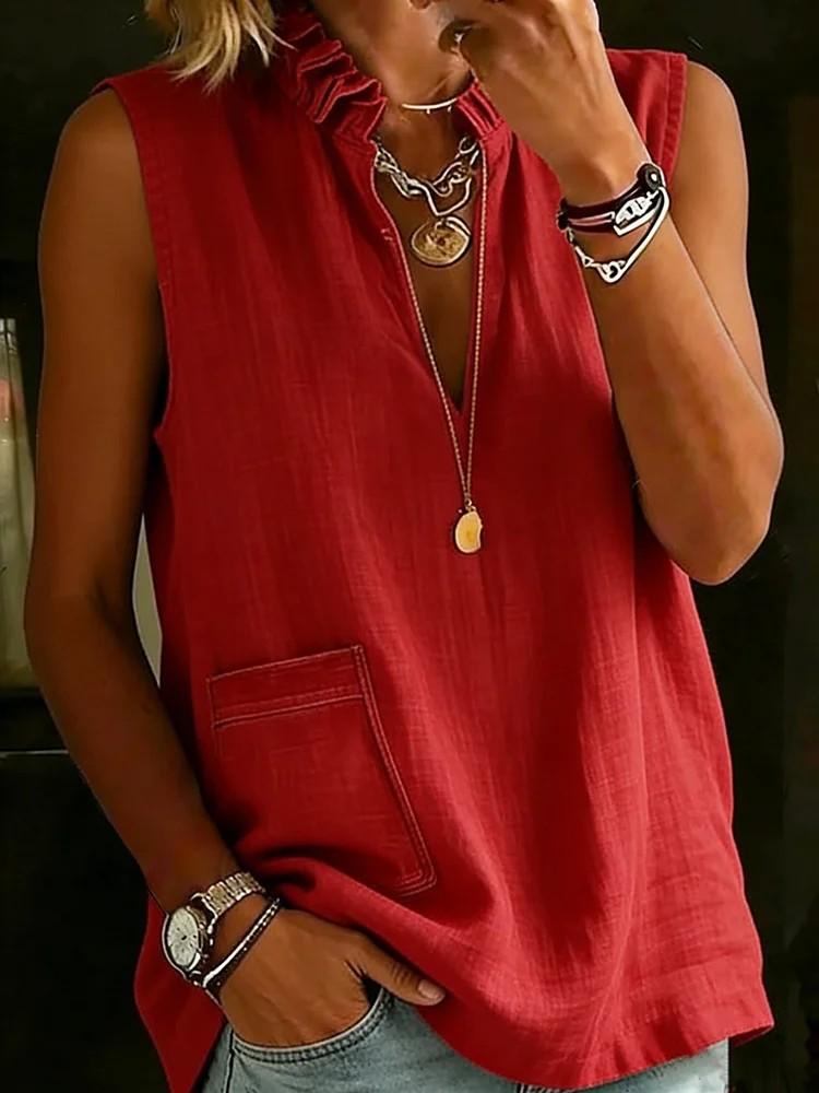 

Women Sleeveless V Neck Ruffle Collar Pocket Blouse Multi Colors Casual Top S красный