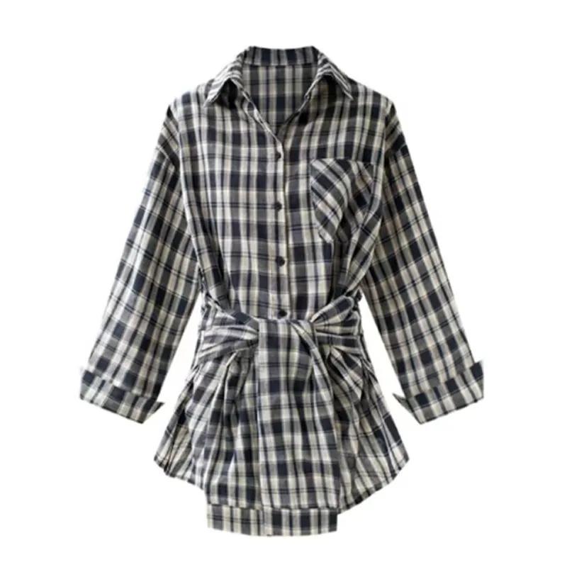 

Women s Plaid Oversized Shirt Waist Belt Casual Retro Long Sleeve Button Top S