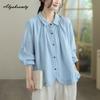 2026 Plus Sie Spring Autumn Women Casual Loose Basic Blouse Turn-Down Collar Blue Cotton Shirt Long Sleeve Baggy Comfortable Ladies' Blouse