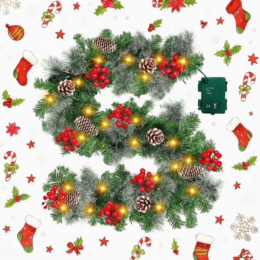 8 Modes LED Christmas Garland Waterproof Lifelike Artificial Christmas Garland Timer Green Lighted Xmas Wreath Front Door Decor