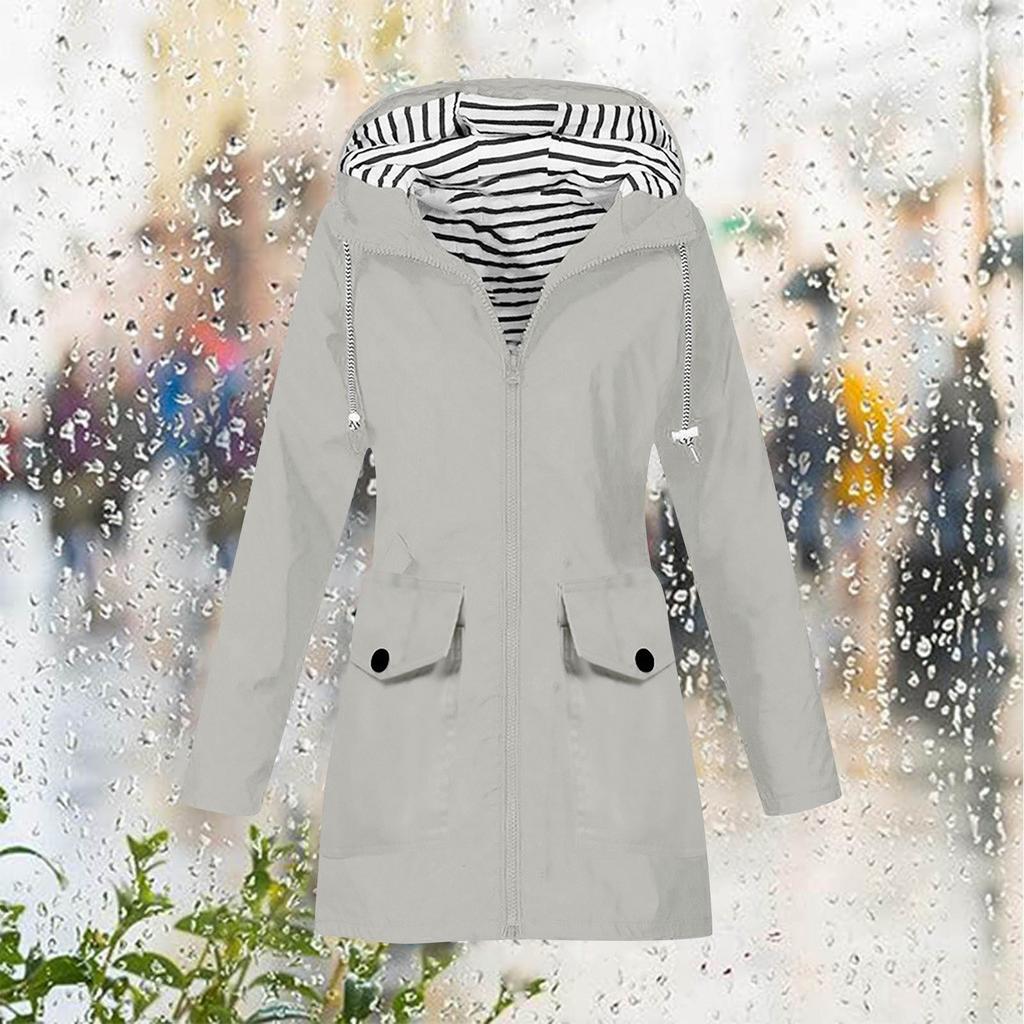 Women Solid Stripe Rain Jacket Outdoor Plus Waterproof Hooded Raincoat Windproof