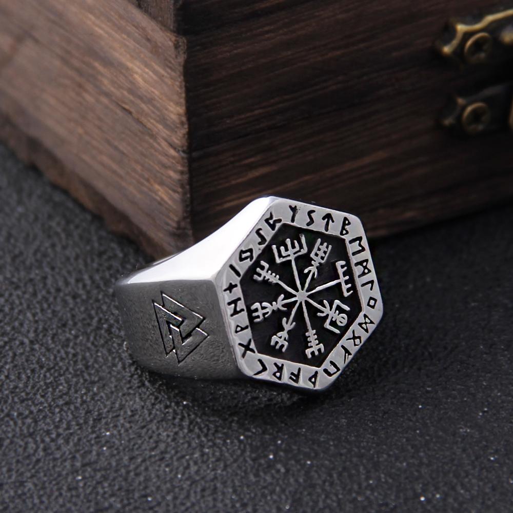 Stainless Steel Viking Compass Runic Ring for Men Vintage Nordic Odin Jewelry Never Fade Viking Totem Statement Ring