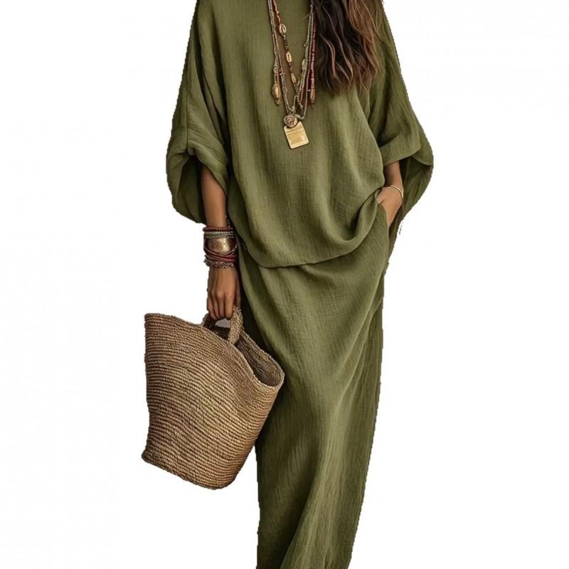 2026 Womens Loose Fit Solid Color Two-Piece Set T-Shirt Midi Skirt Casual Outfit