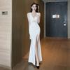 Black Deep V-neck Sleeveless Lace Splicing Slim-fitting Split-ended Long Dress, Waist and Thin, Sexy Temperament Evening Dress Skirt