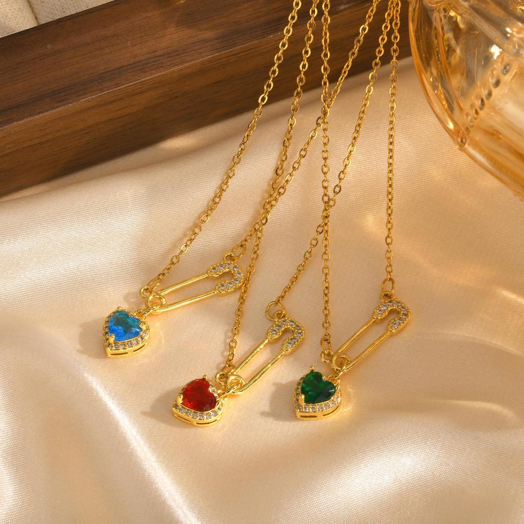 Fashion Heart Zircon Paper Clip Necklace for Women,Gold Color Stainless Steel Flat Rolo Chain Necklaces,Chic Jewelry Gifts