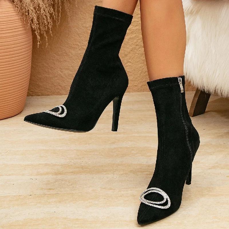 Eilyken Winter Pointed Toe Woman Ankle Boots Sexy Elegant Crystal Thin High Heels Zipper Stripper Prom Shoes