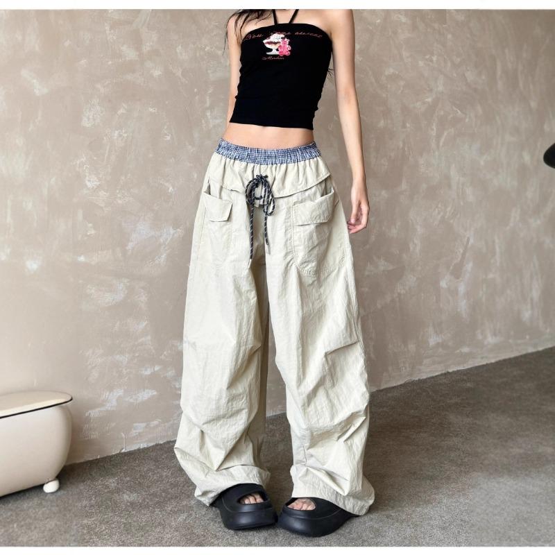 Dopamine Contrasting Color Splicing Plaid Paratrooper Pants Men's and Women's Summer Loose Wide-leg Scimitar Pants Pleated Tooling Casual Pants