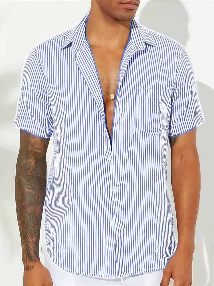 Men's Fashionable Color Woven Striped Casual Short Sleeved Shirt
