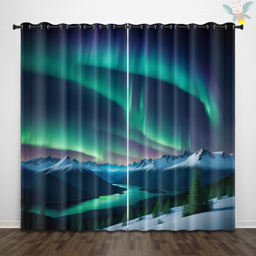 2PC High Blackout Perforated Polyester Curtain, Double-sided Matte, Left and Right Facing, Beautiful Nordic Scenery Aurora