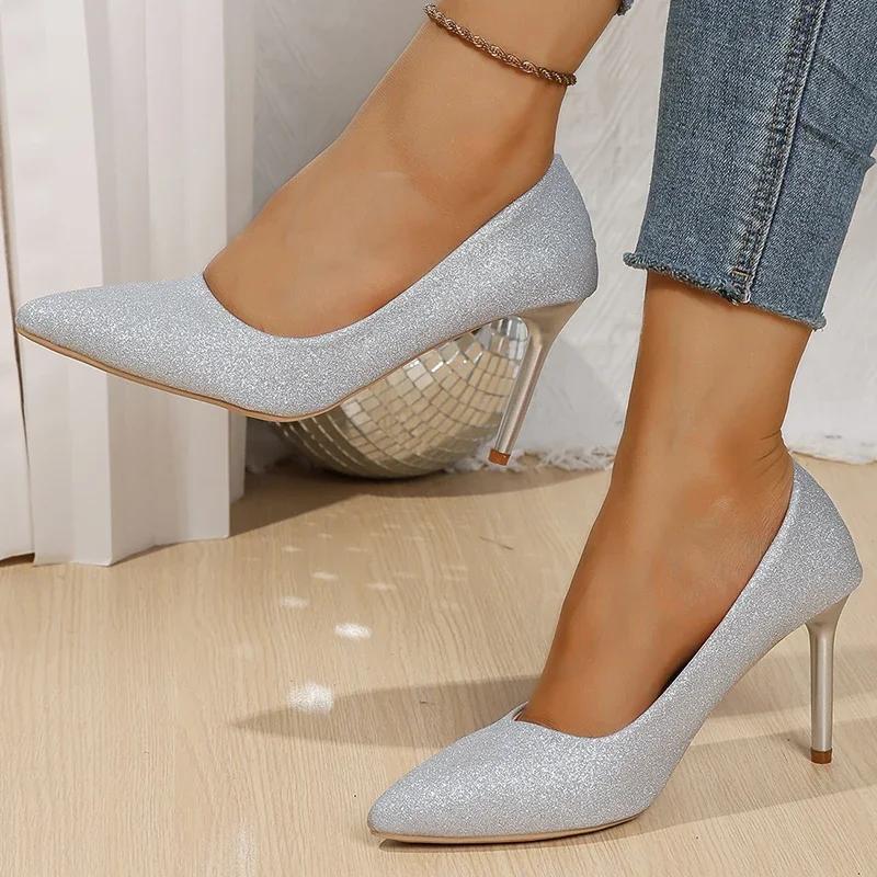 Elegante Glänzende Silberne Super High Heel Pumps Damen Übergröße Spitzschuh Bankett Kleidschuhe Herbst Stiletto Absatzpumps Frau
