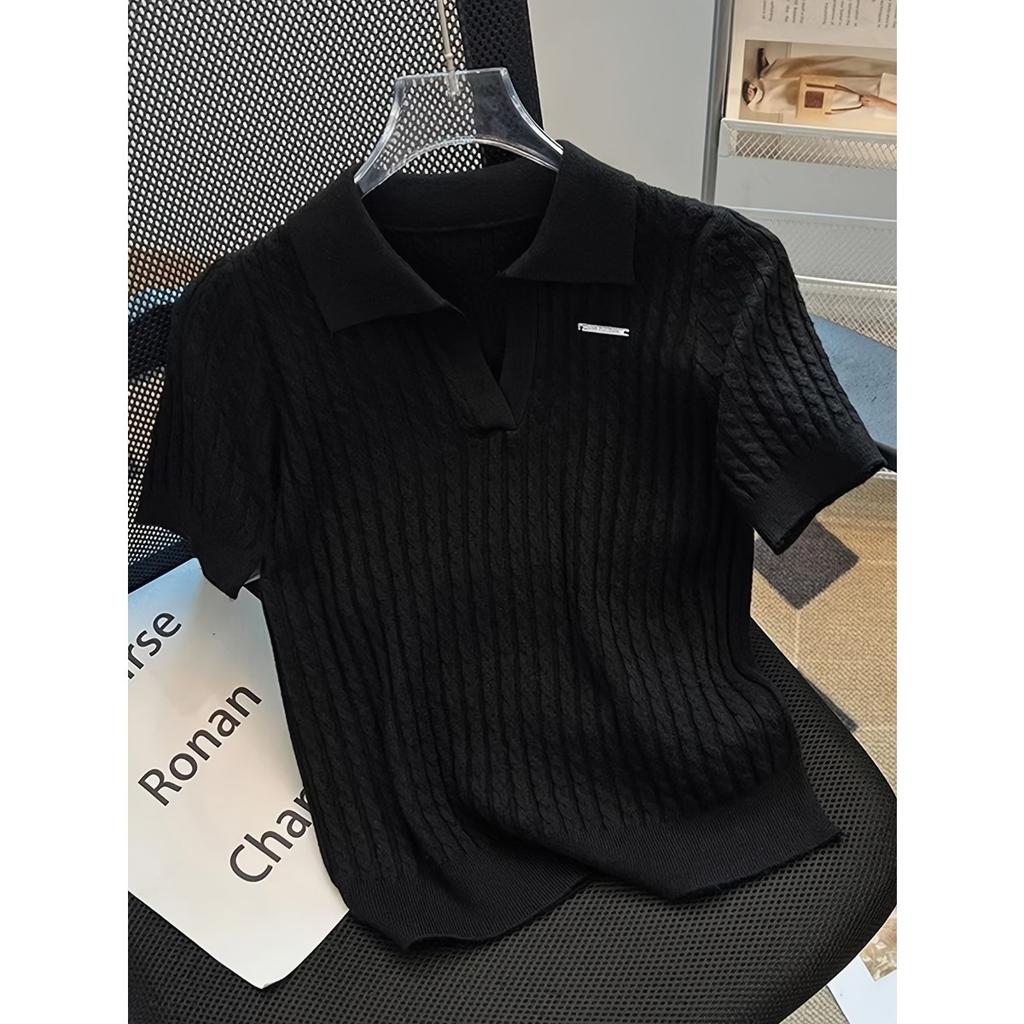 Tricou cu mâneci scurte cu mâneci scurte, cu rever, cu rever, din mătase de gheață