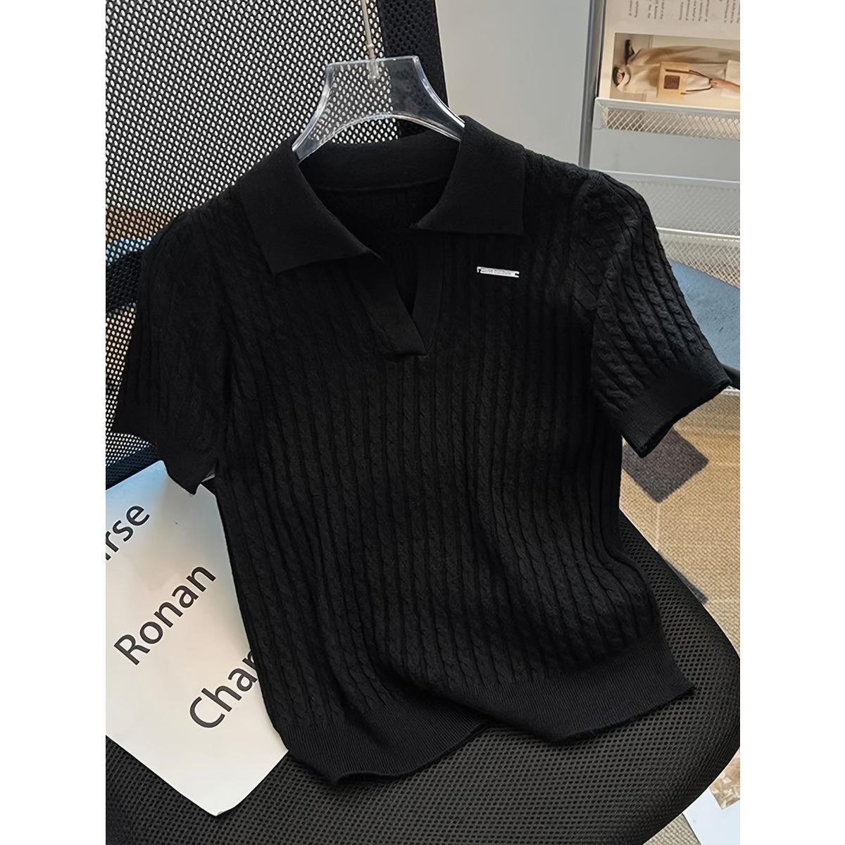 

Temperament Lapel Ice Silk Knit Top Летняя свободная тонкая футболка с короткими рукавами one size чёрный