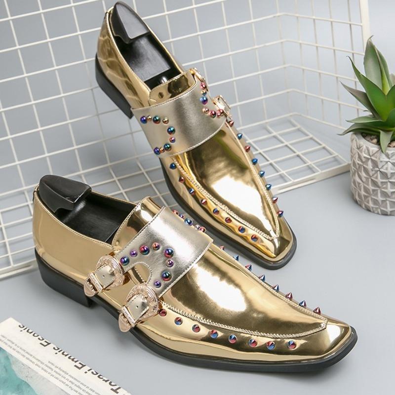 Designer Men's Shoes British Business Casual Leather Shoes Punk Rivet Buckle Strap Loafers Men Square Toe Party Stage Dress Shoe