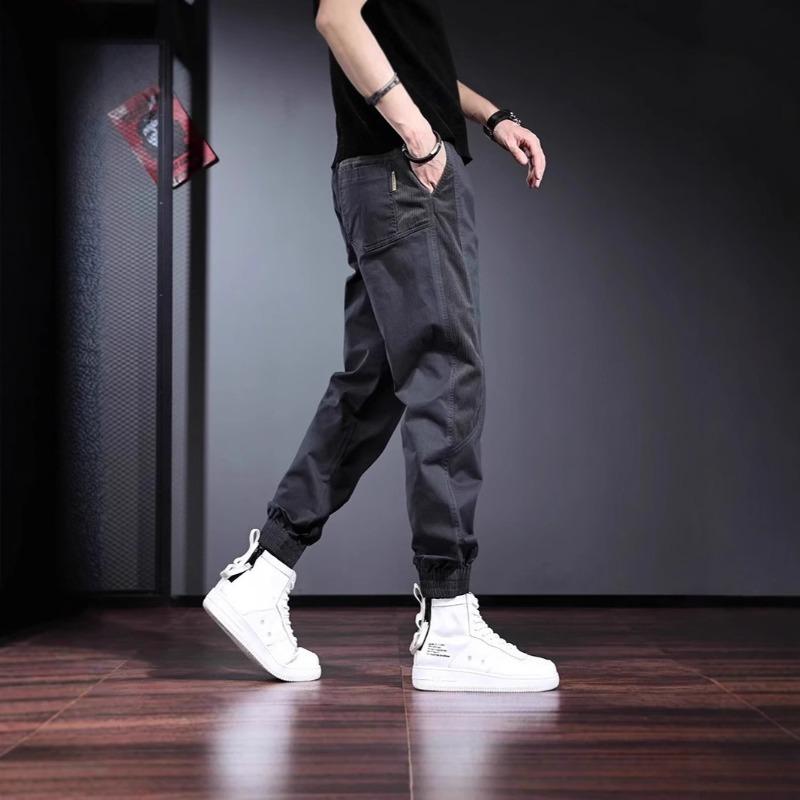 Tooling Pants Men's Autumn New Splicing Contrasting Casual Pants Gray Loose Wide-leg Tied Men's Trousers
